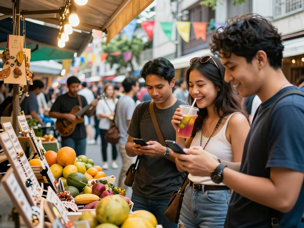Friends exploring vibrant market scene, checking hargatoto prices, enjoying community atmosphere.