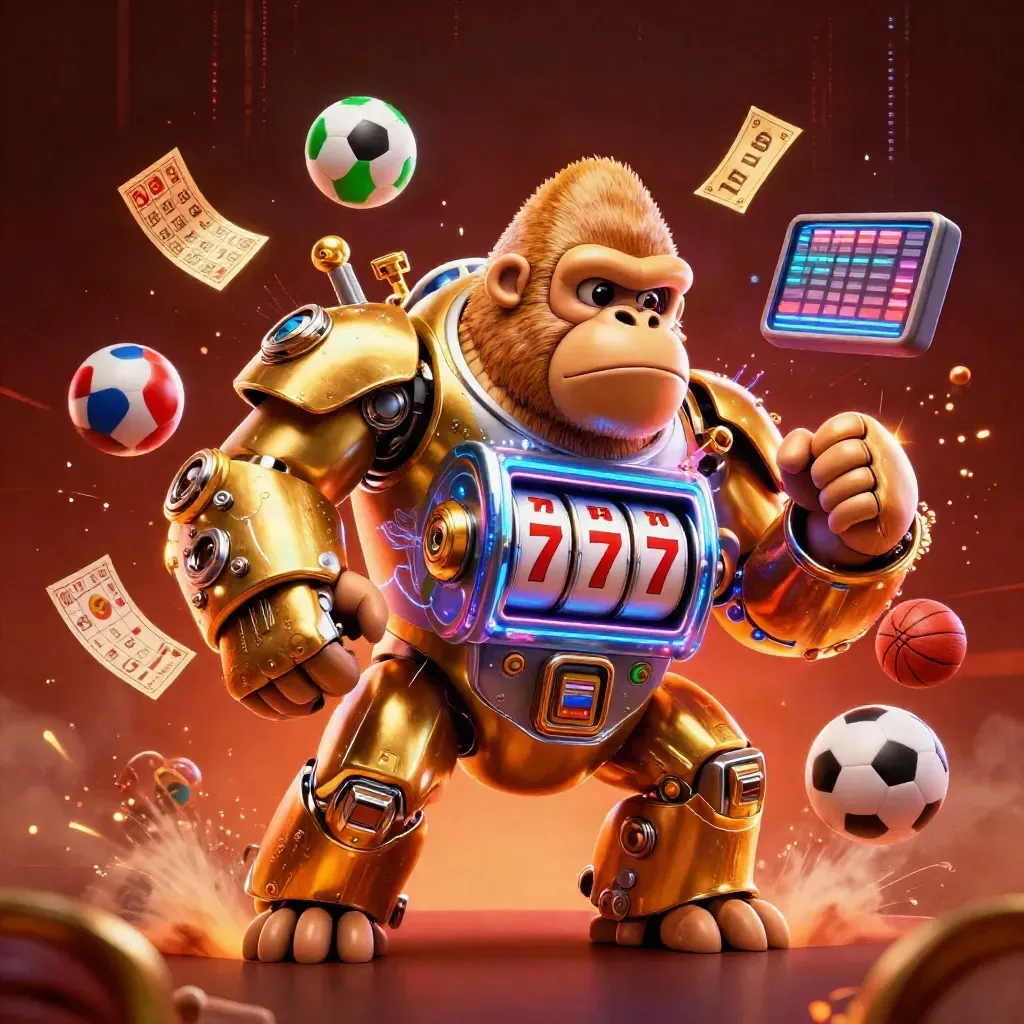 Golden gorilla slot-mech with monkey pilot, lottery balls, prize wheel, and betting props in neon casino glow