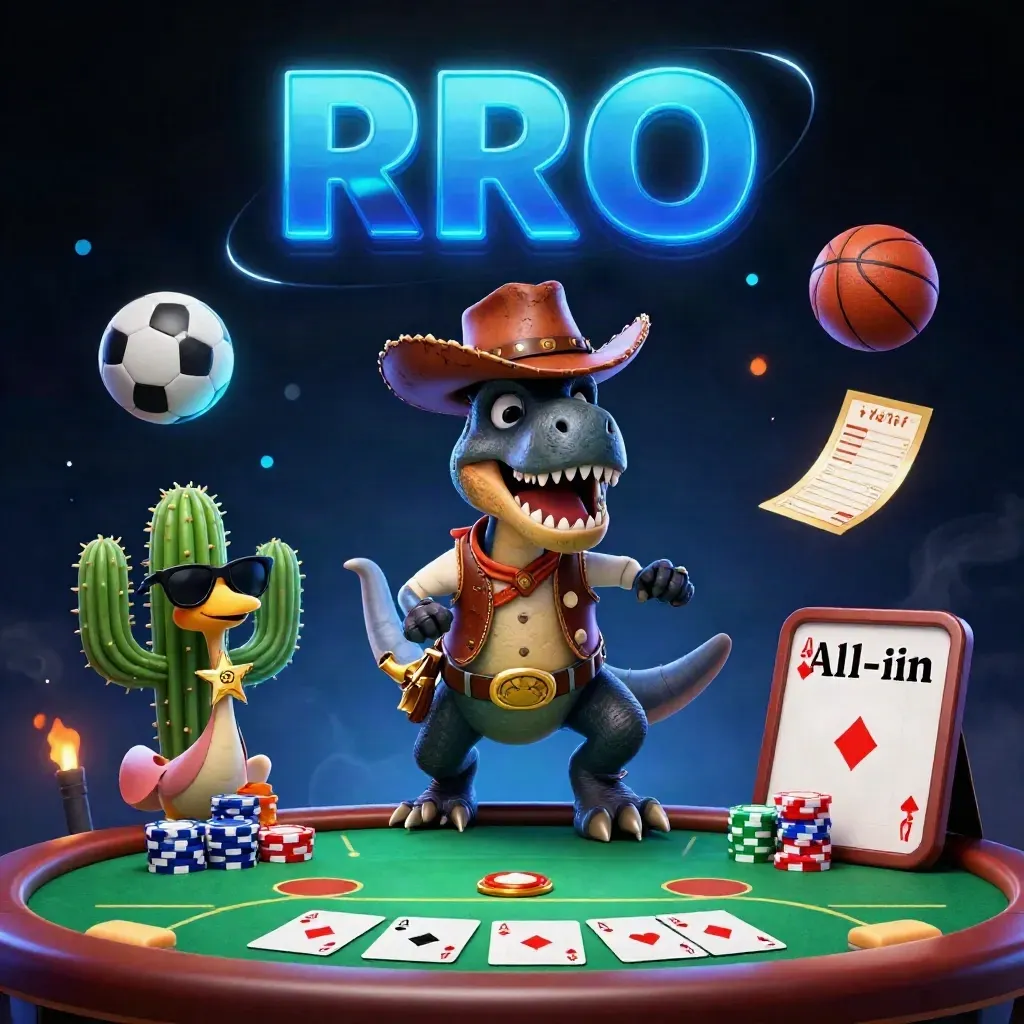 Cowboy T-Rex, cactus sidekick and roadrunner amid poker gear in blue-green casino light.
