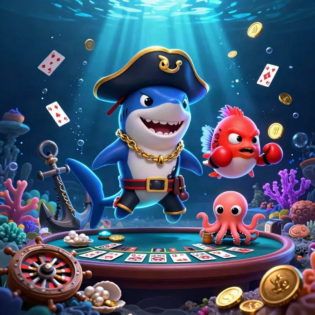 Pirate shark, boxing pufferfish, and coin-juggling octopus in a glowing treasure cove.