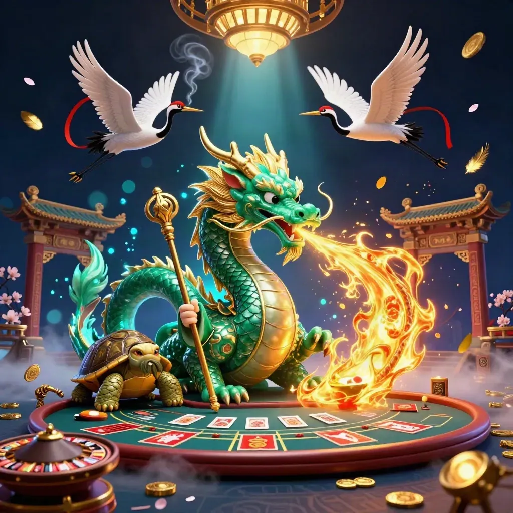 Emerald dragon, turtle sage, and cranes in a neon casino temple with gold fire and petals.