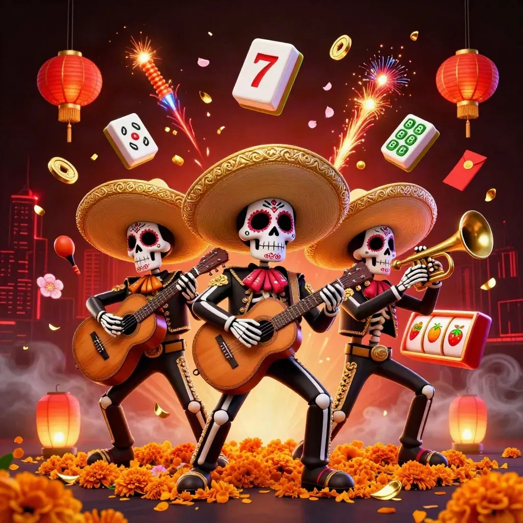 Skeleton mariachi trio amid casino symbols, lanterns, coins, petals and electric blue neon glow.