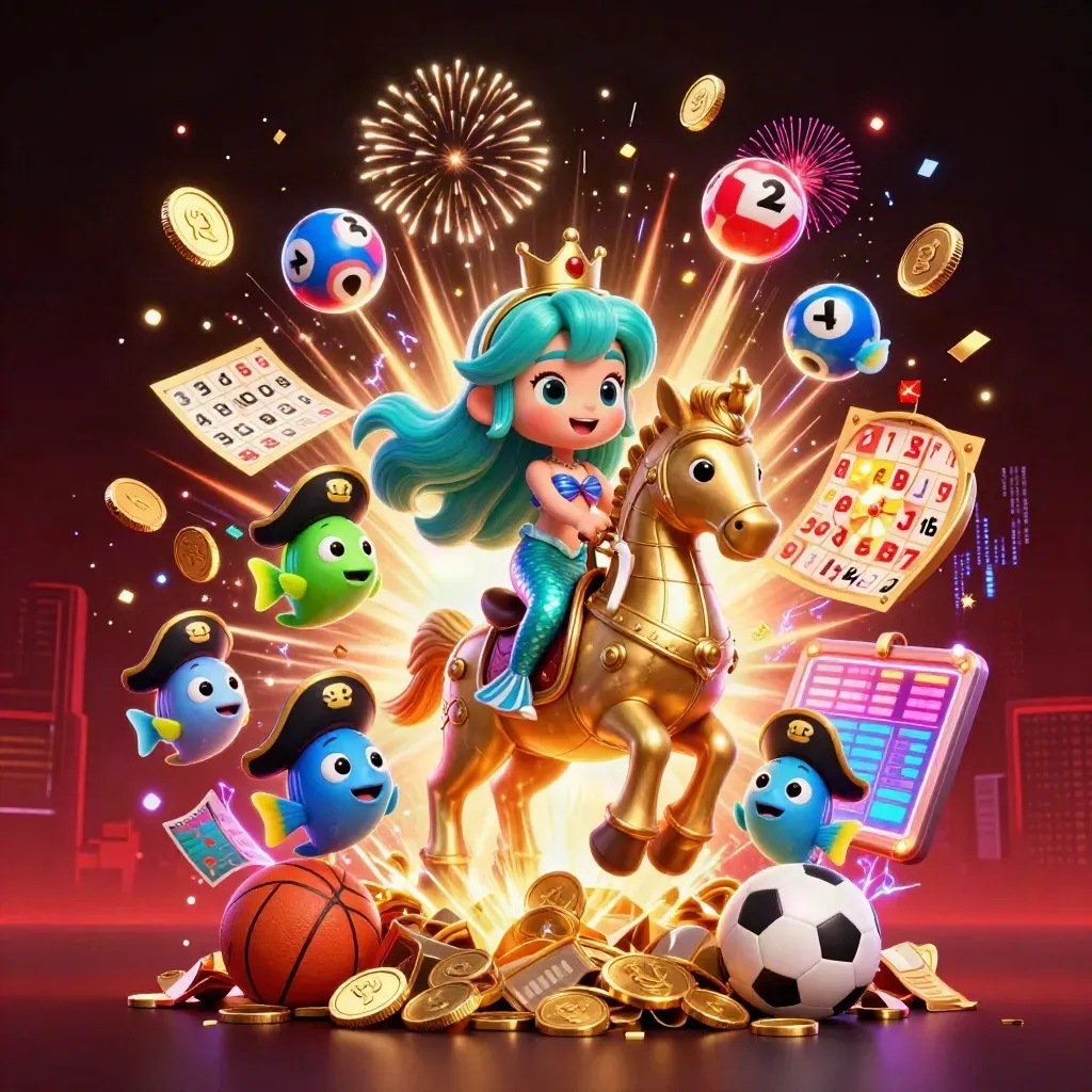 Mermaid princess on armored seahorse amid coins, fireworks, balls, tickets, and neon casino energy