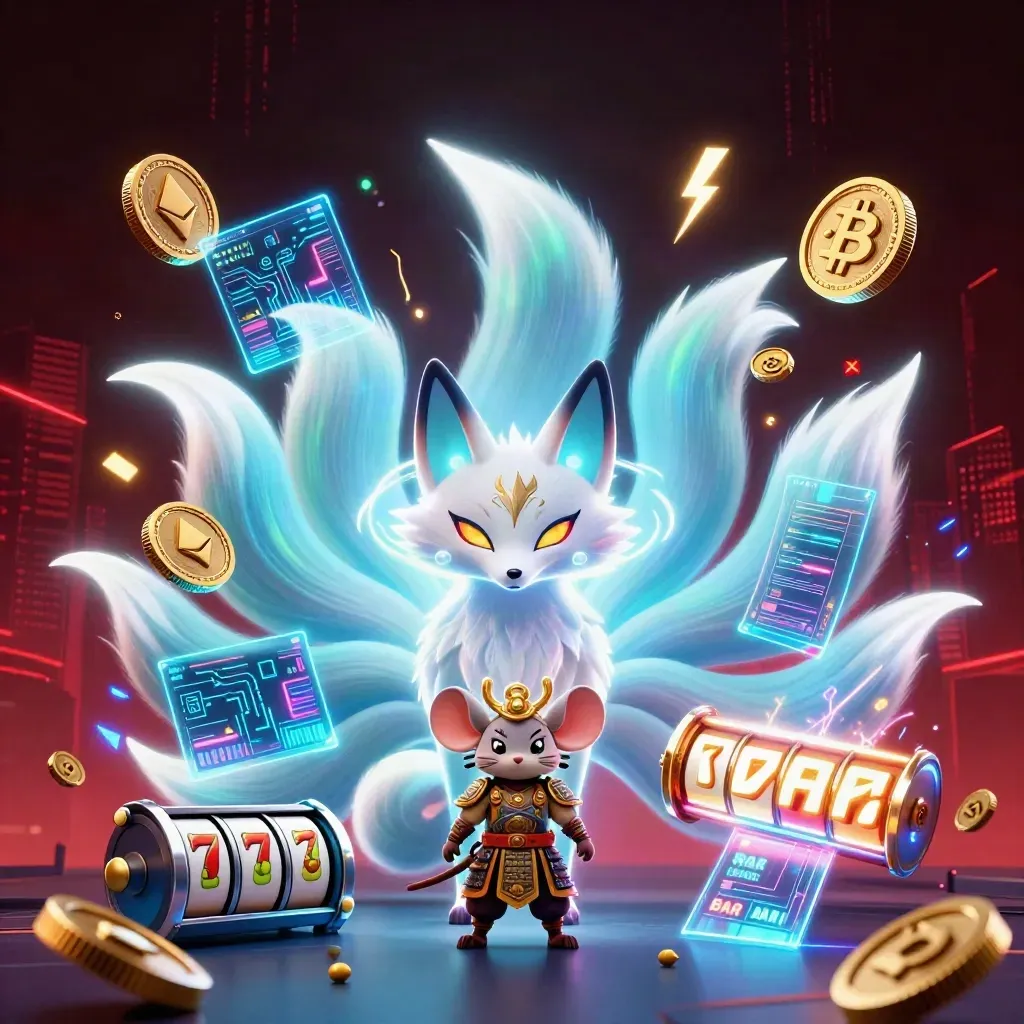Neon fox spirit and armored samurai mouse amid coins, lightning, reels, and a dark red skyline.